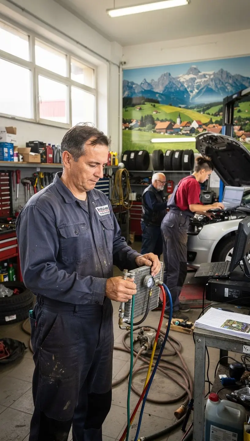 Servisný technik hodnotí výkon klimatizácie a vysvetľuje zákazníkovi rozdiel medzi nutnou a voliteľnou opravou.